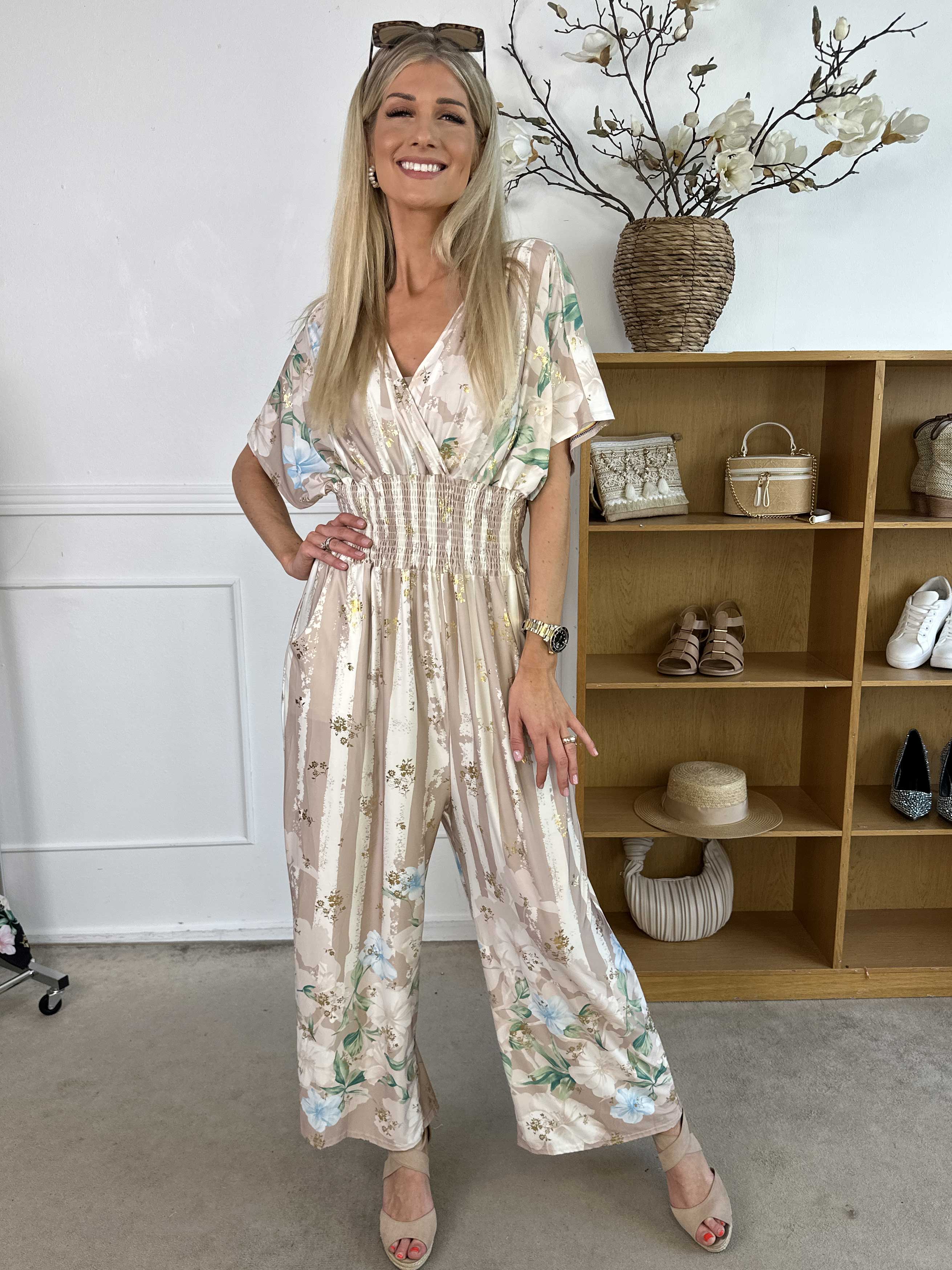 Pams Floral Stripe Jumpsuit - Elastisk buksedragt med blomstermotiver